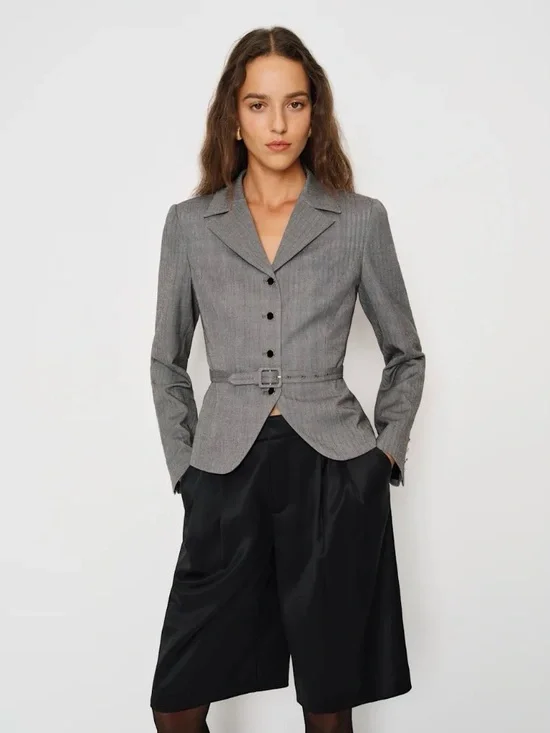 Reformation Gray Belted Tailored Blazer - Picture 1 of 4